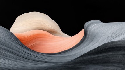 Abstract landscape of flowing, sculpted colors against a black backdrop.  A dynamic interplay of soft, organic shapes in peach, beige, and gray.  Evokes a sense of movement and depth