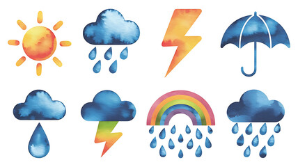 Colorful watercolor weather icons sun clouds rain rainbow lightning umbrella Cute kid-friendly design