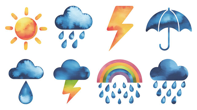 Colorful watercolor weather icons sun clouds rain rainbow lightning umbrella Cute kid-friendly design