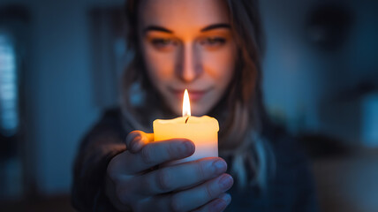 Woman holds candle, offering light and hope.
