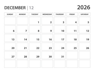December 2026 year planner template. calendar 2026 year. corporate planner. Desk calendar 2026 year. Week Starts on Sunday, monthly and yearly planners. organizer diary. wall calendar. office supply