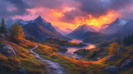 Majestic mountain sunset over a valley. A scenic trail winds through colorful autumnal hills and meadows. A serene lake reflects the fiery orange hues of the setting sun
