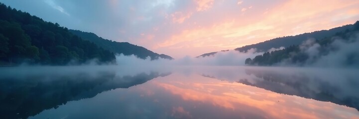 Fototapeta premium Secluded lake at dawn with misty atmosphere and calm water, calm, serene, landscape