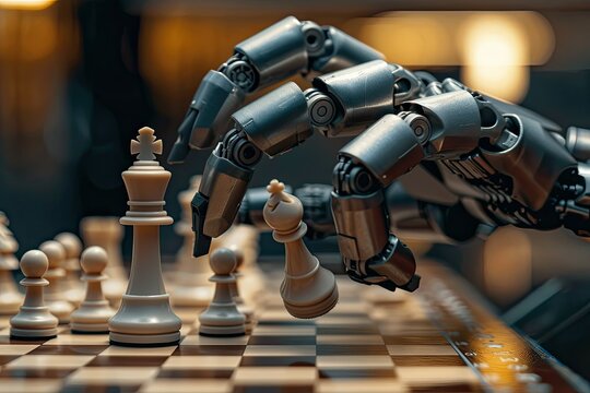 A glowing futuristic chessboard with a robotic arm making a strategic move.