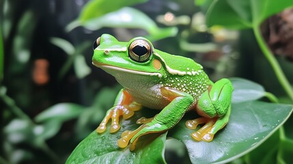 Obraz premium A vibrant green tree frog perched on a leaf, showcasing its bright colors and intricate patterns