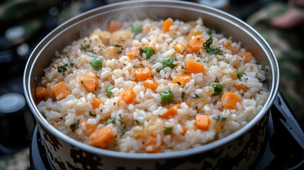 Hearty, steaming rice dish with vegetables