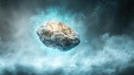Mystical asteroid floating in space amidst blue nebula and stars