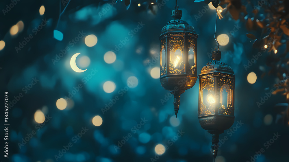 Poster lanterns in the twilight: two ornate lanterns casting a warm, inviting glow against a backdrop of so
