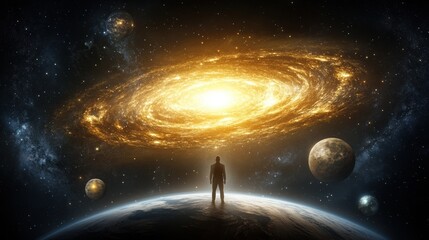 Obraz premium Majestic view of a cosmic galaxy with planets and silhouetted figure