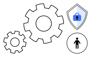 Gears representing teamwork and efficiency, shield with a lock for cybersecurity, and a human figure highlighting HR. Ideal for security, protection, teamwork, technology, efficiency, human