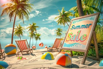 Cheerful summer sale on a sunny beach with palm trees, colorful posters, and vibrant beach accessories creating a lively atmosphere Generative AI