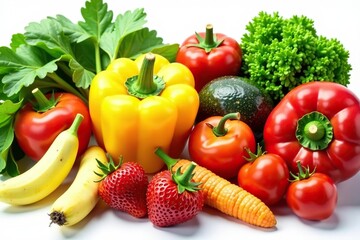 Variety of organic fruits & vegetables isolated on white, isolated, colorful, white background