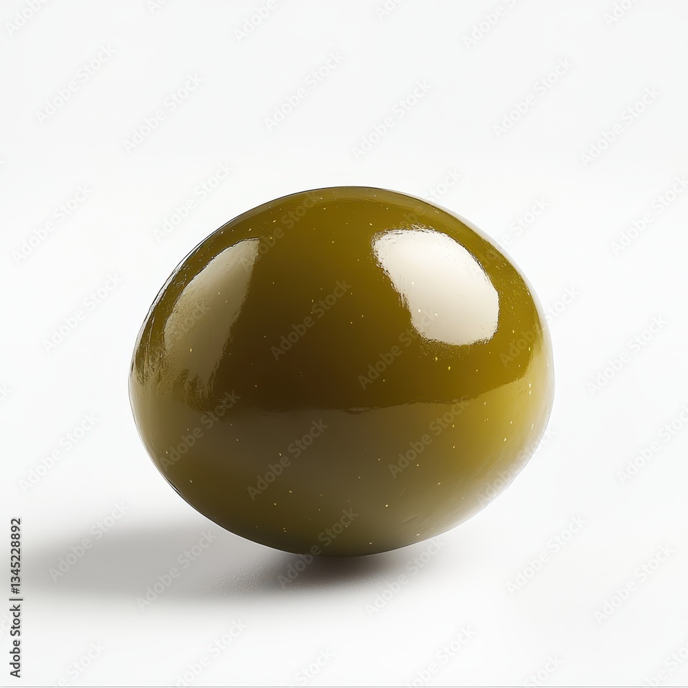 Poster glossy green apple shaped object displayed on a clean white surface, showcasing a visually appealing