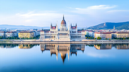 Obraz premium Majestic European Parliament Building Reflection On Calm River Water Under Clear Blue Sky
