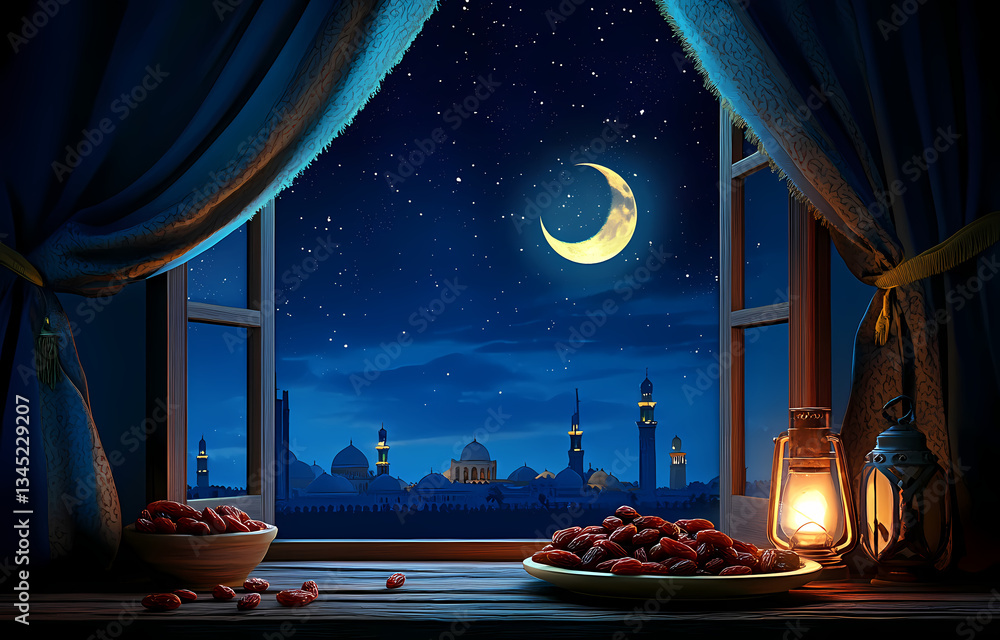 Poster ramadan night's embrace: an inviting view of the night sky with crescent moon over a city with minar