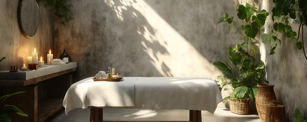 Tranquil massage room with white-draped treatment table bathed in natural sunlight streaming through window. Green plants, candles, and earthy decor elements create a peaceful wellness sanctuary.