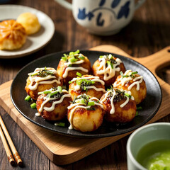 Delicious Takoyaki with Mayo and Seaweed on a Black Plate