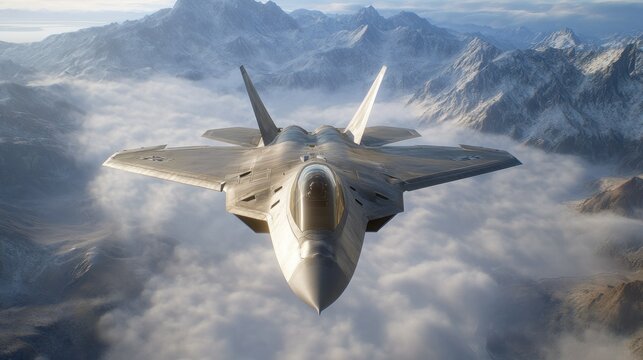 High-altitude fighter jet soaring above mountainous landscape.  