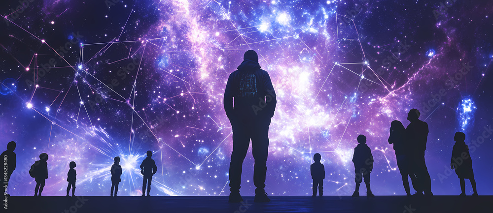 Poster cosmic reflections: a silhouette of individuals standing, gazing up at a digital nebula representing