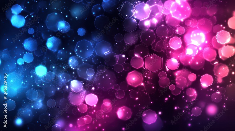 Poster abstract glowing hexagonal bokeh background with dynamic blue to pink gradient