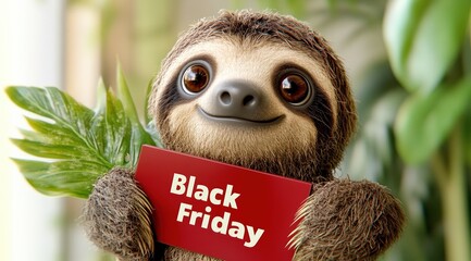 Fototapeta premium Adorable sloth holding black friday sign amidst lush greenery