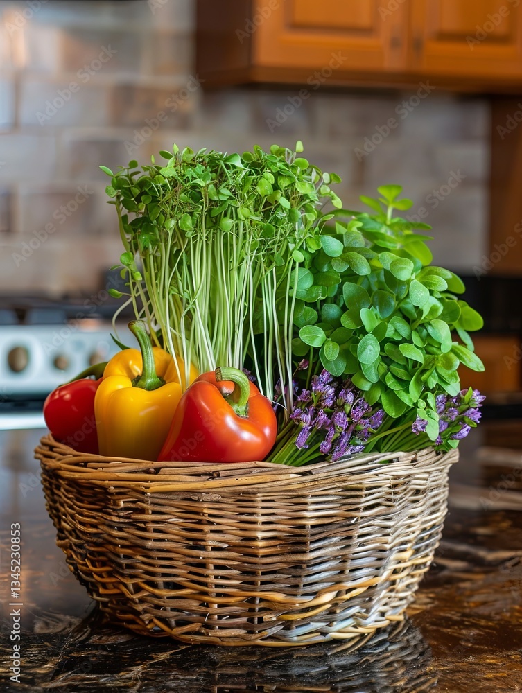 Poster Rustic basket filled with fresh microgreens and colorful vegetables on a kitchen countertop Generative AI