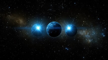 Obraz premium Mystical celestial alignment: three cosmic bodies in a starry universe
