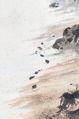 Coastal watercolor painting showcases beach footsteps and rocky cliffs.