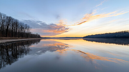 Fototapeta premium Panoramic View of Tranquil Lake Reflecting Colorful Sunset Sky With Silhouetted Trees And Golden Hues