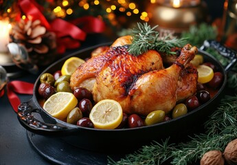 Juicy Roasted Chicken with Lemon and Grapes in Festive Setting Surrounded by Pine Cones and Holiday Lights
