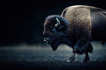 American bison buffalo side on view with dark background room for text