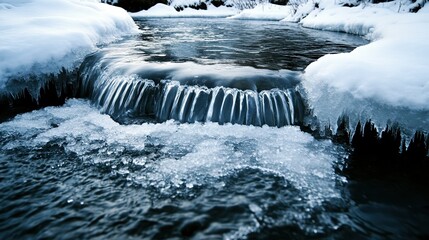 Tranquil frozen waterfall in snowy winter wonderland