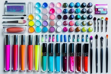 Colorful nail polishes and manicure tools neatly arranged on a light background for vibrant nail artistry and beauty care Generative AI