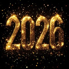 Golden number 2026 on a black background, with glittering golden lights and a bokeh effect. A New Year celebration concept. 