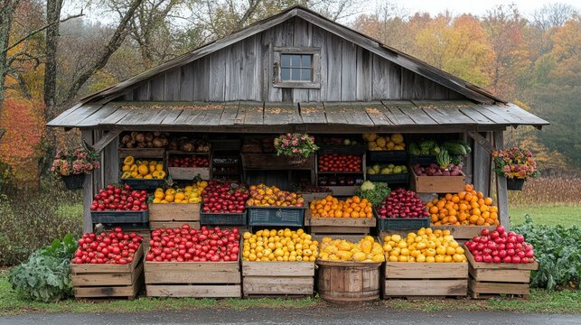 Autumn Harvest Bounty Displayed at Rustic Farm Stand Amidst Colorful Foliage