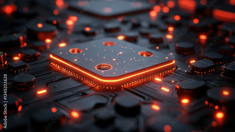 Poster high-tech circuit board with glowing processor