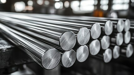 Stacked metal rods exhibit polished, silvery sheen on industrial setting backdrop