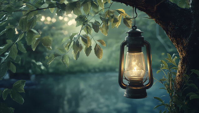Lantern's Serenade: A vintage lantern casts a warm, inviting glow as it hangs from a tree branch overlooking a serene lake at dusk, creating a magical and atmospheric scene.