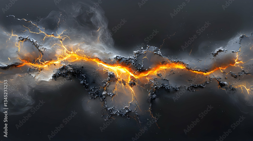Fototapete Abstract Dark Background with Gray Smoke and Orange Glowing Spark and 3D Rendering Art Design with Light Effects