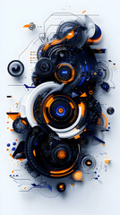 Abstract Digital Gear Mechanism Art: Blue, Black, and Orange Geometric Shapes
