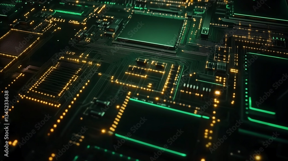 Poster abstract close-up view of a complex circuit board with bright lights and intricate design