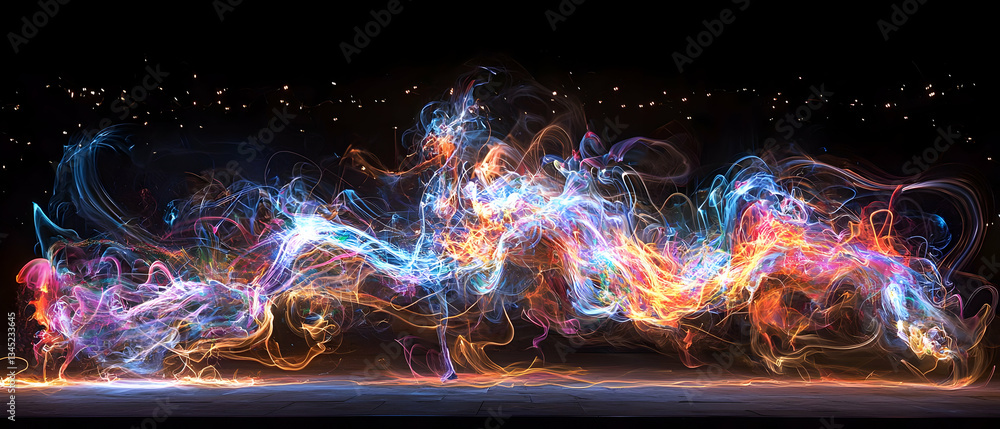 Poster abstract dynamic wave of glowing particles in blue orange and pink on a black background creating an