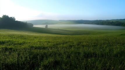 Fototapeta premium Misty morning field landscape, tranquil sunrise, idyllic rural scene, nature background