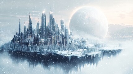 A futuristic city exists within a wintery mountainous dreamscape