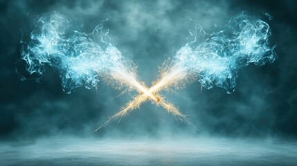 Dynamic clash of fiery explosions and icy smoke swirls in dark atmosphere