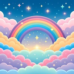 Playful fantasy scene with a soft rainbow, pastel sky and twinkling stars. Puffy clouds in shades of pink, blue and lavender create a dreamy atmosphere