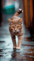 Tabby cat with brown and black stripes walking on wet urban street
