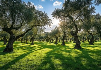 Fototapeta premium Lush Olive Grove Under Blue Sky with Sunlight Filtering Through Green Foliage on Vibrant Grassland in Nature Conservation Area
