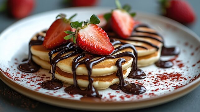 mini silver dollar pancakes on a white round ceramic plate drizzled with chocolate and decorated with pieces of ripe strawberries