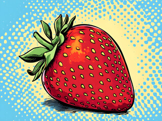 A pop-art inspired strawberry with bold contrasting colors and halftone dots, retro comic book style, transparent background